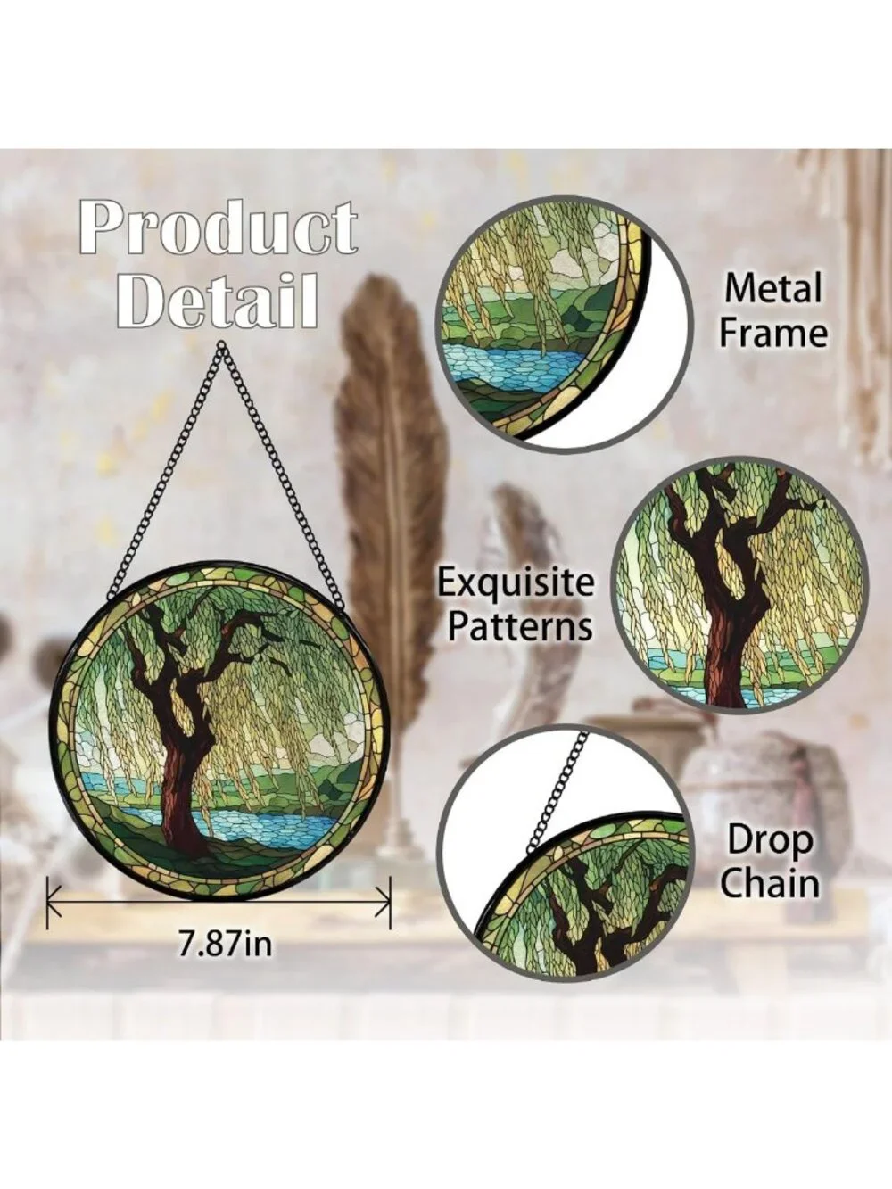 Stained Glass Suncatcher - Weeping Willow Window Art, Nature Decor, 7.9
